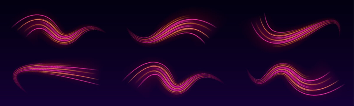 Neon rainbow brush swashes with glowing edges and elegant flowing silhouettes. Abstract modern element. vector