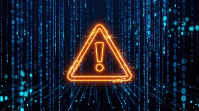 An orange digital triangle with an exclamation mark set against blue computer code and data streams.