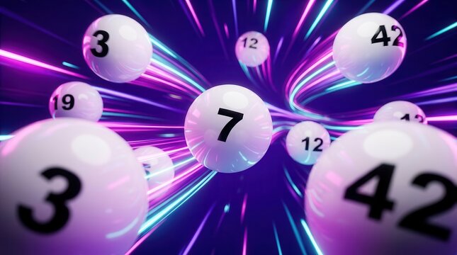 White lottery balls with numbers 3, 7, 12, 19, and 42 flying in the air.