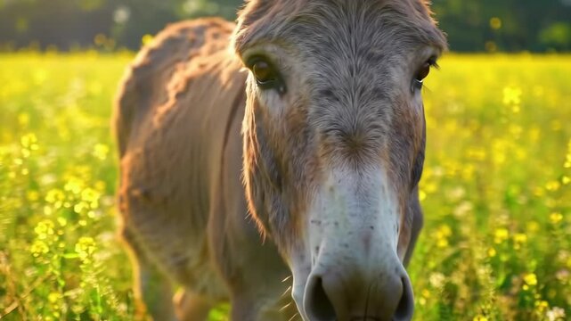 Donkey Grazing in Sunny Meadow - Close-Up Portrait in Golden Light.