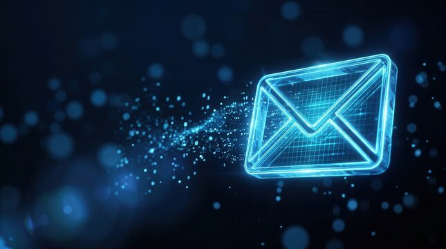 Blue envelope icon on a dark abstract background symbolizing online communication and email.