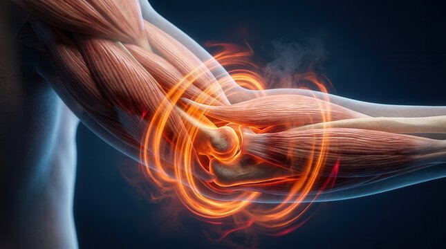 Detailed human elbow joint with musculature and swirling energy waves.