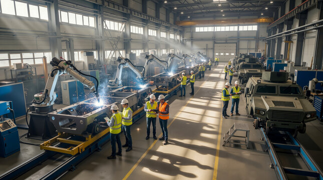 A group of people working in a factory with robots