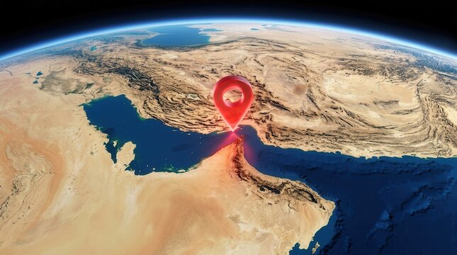 Satellite view of Earth showing the Middle East, Persian Gulf, and Strait of Hormuz with a red location pin.