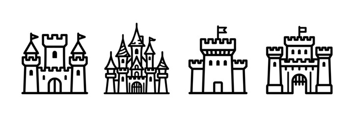 Diverse Vector Outline Castle Icons Collection for Fairytale and Medieval Themes