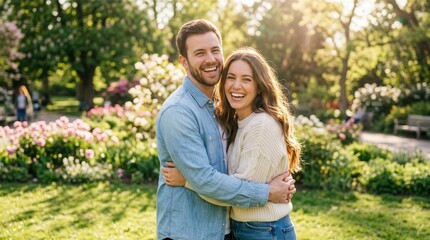 Obraz premium Joyful young couple embracing in a lush green park during spring.