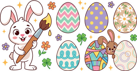 Cute Easter bunny holding paintbrush with collection of colorful decorated Easter eggs flowers and clover elements for spring holiday greeting card and sticker design © MstHura