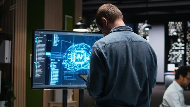 Programmer in office using tablet, working to fix bugs in AI system. IT specialist troubleshooting neural network errors with device in tech startup workplace.