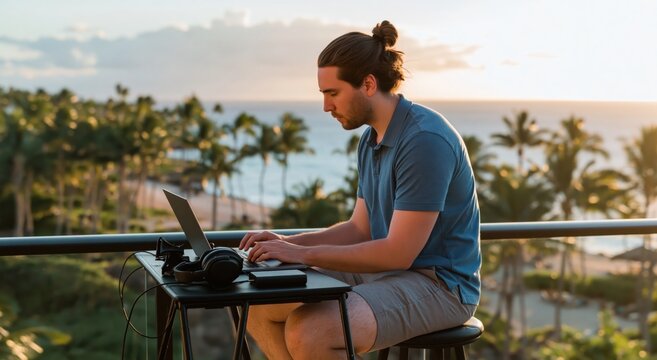 Man working on laptop as a digital nomad on a tropical beach balcony at sunset