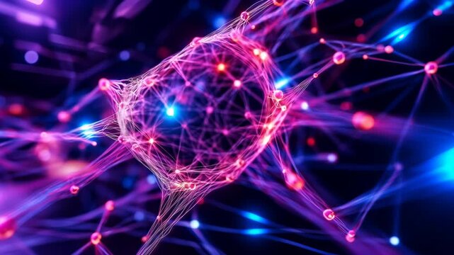 Abstract microscopic animation of glowing purple neural network cells and connecting synapses in dark space