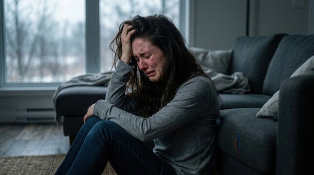 A sad girl crying and complaining while sitting at home.