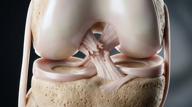 Detailed medical illustration showing a torn anterior cruciate ligament in a human knee.