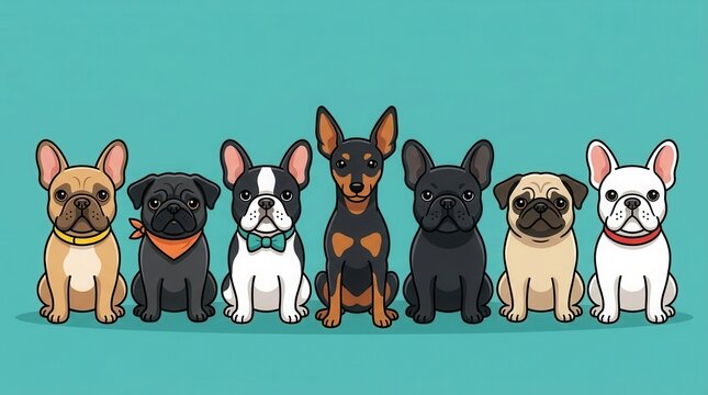 Adorable French Bulldog, Pug, and Miniature Pinscher dog breed collection illustration.