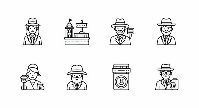 Set of 7 black and white icons depicting people and objects