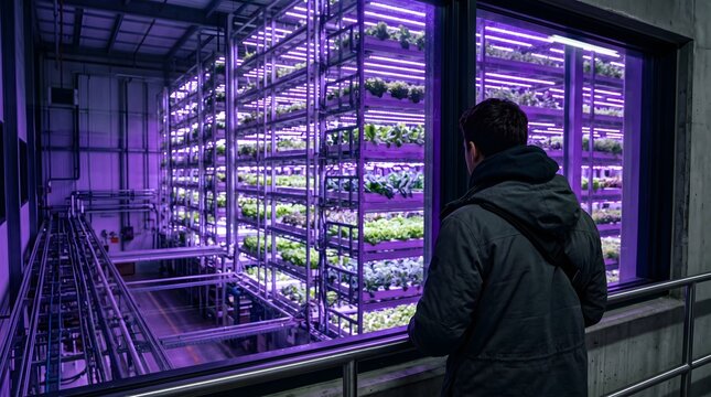 Man observes extensive mycelium cultivation in a modern indoor facility with purple lighting