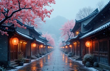 Fototapeta premium Snow falls on traditional Asian street with cherry blossoms and red lanterns. Ancient buildings line a wet stone path, reflecting warm light. Winter mood in a historic town.