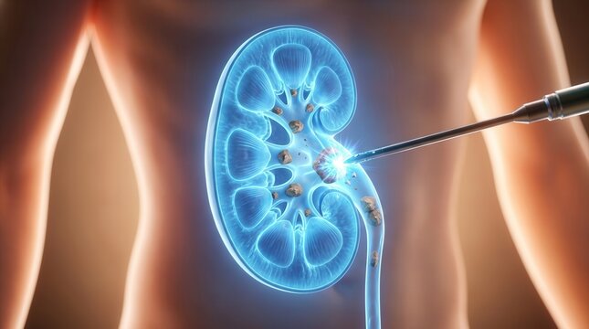 Medical illustration showing lithotripsy breaking up kidney stones inside a human kidney.