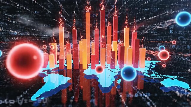 World map with rising 3D bar charts and equations.