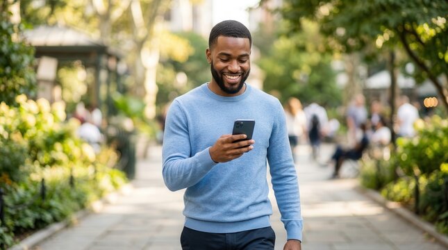 A happy black man checks his cell phone while walking outdoors.