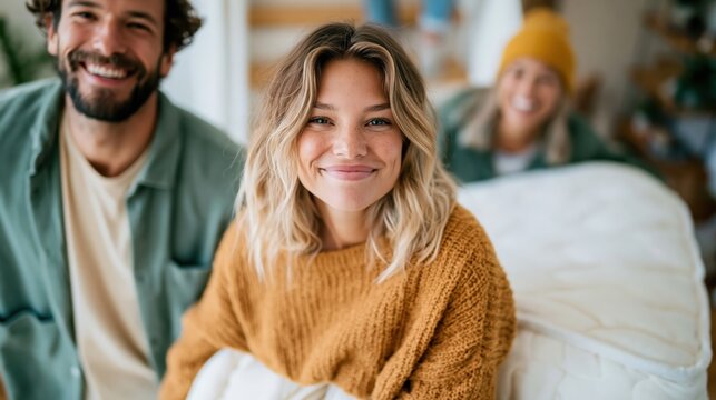 A joyful gathering of friends showcasing laughter and happiness while sharing moments in a homely environment, emphasizing friendship, love, and connection.