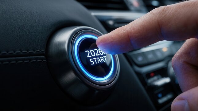 A finger pressing a car ignition button with 2026 and the word start for new beginnings.