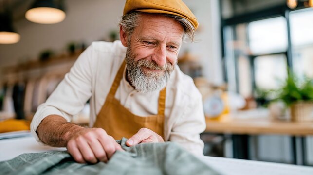 An artisan tailor, wearing an apron and cap, focused on a garment with great precision, symbolizing dedication, craftsmanship, and the art of tailoring in an intimate workshop.