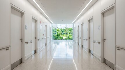 Fototapeta premium Modern hospital corridor with doors and handrails in bright natural light.