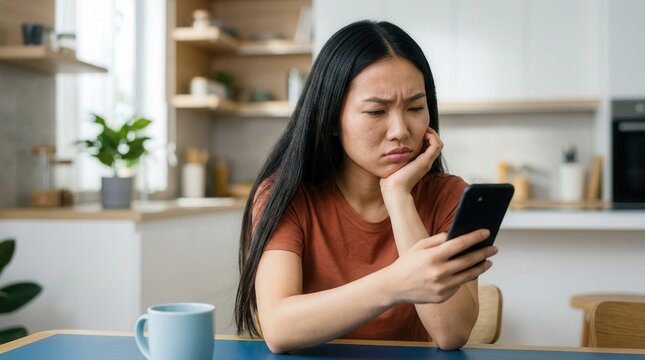 Suspicious Asian woman checking her smartphone in a modern kitchen.