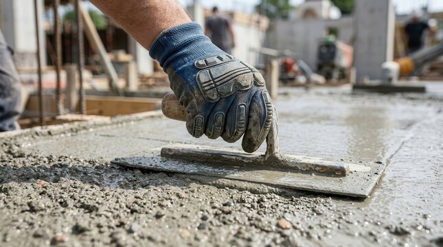 A construction worker in blue gloves uses a metal trowel to smooth a wet concrete surface.