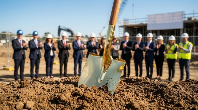 Dignitaries celebrating the start of a new construction project during a groundbreaking ceremony.