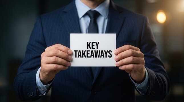 A professional in a business suit holding a white card with key takeaways text.