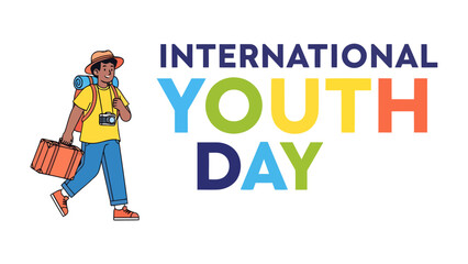 International Youth Day: A young traveler with a backpack and suitcase, ready for adventure, stands beside a vibrant graphic celebrating International Youth Day. © Md
