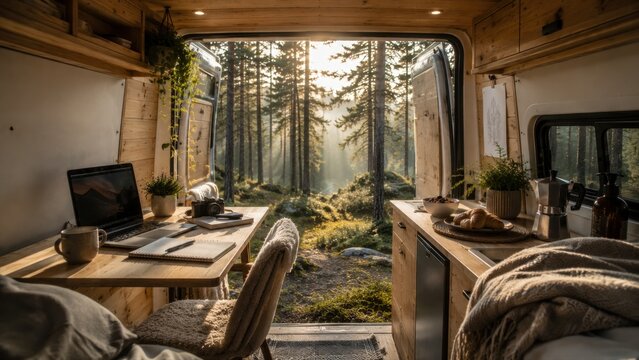 Working in a van by the forest