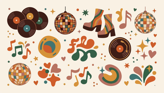 Retro disco music pattern, vintage vinyl record backdrop, groovy 70s dance illustration, funky music festival print, nightlife party disco design, colorful music beat graphic, nostalgic retro vibe tex