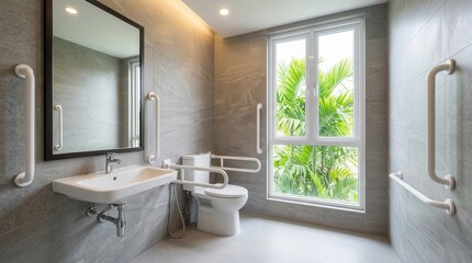 Fototapeta premium Modern accessible bathroom with grab bars, sink, and toilet near a large window.