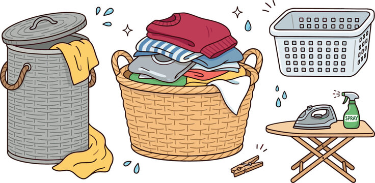 Cute hand drawn fantasy Cute hand drawn laundry and clothing care vector elements set featuring wicker baskets plastic hamper ironing board clothes and spray bottle isolated on white background 