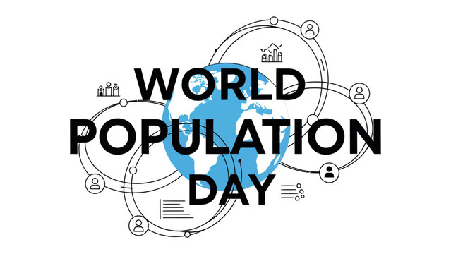 Global Population Celebration: A graphic representation of World Population Day, featuring a stylized globe surrounded by interconnected circles symbolizing human connection, community.