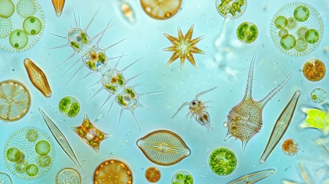 Microscopic view of diverse phytoplankton and zooplankton with vibrant colors and intricate cellular structures.