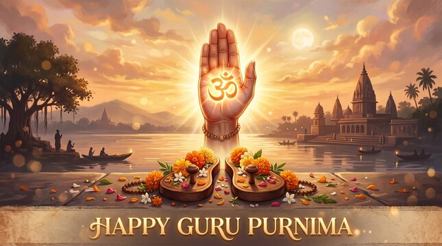 Guru purnima festival celebration with divine hand and paduka sandals, festival