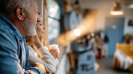 Obraz premium An older man and a woman enjoy a serene moment together, reflecting on life, surrounded by soft light and homey decor, conveying warmth, connection, and nostalgia.