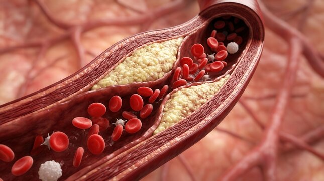 Medical 3D illustration of an artery cross section showing significant plaque buildup and red blood cells.