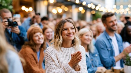 Naklejka premium A vibrant outdoor event filled with happy attendees captures the joy of community gatherings, showcasing diverse individuals sharing laughter and a sense of belonging.