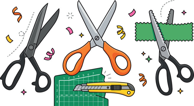 Cute hand drawn scissors and cutting tools vector set featuring tailoring shears utility knife pinking shears and green cutting mat isolated on white background (24 words)