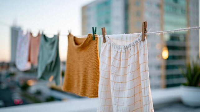Clotheslines adorned with vibrant garments flutter gently in the evening breeze during sunset, creating a beautiful visual of texture, color, and everyday life.