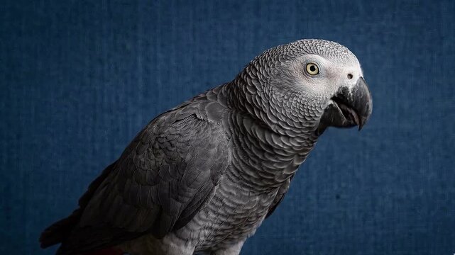African grey parrot on blue background.
