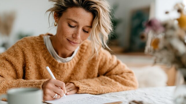 A woman is focused on writing in her notebook in a cozy workspace filled with artistic elements, emphasizing creativity, inspiration, and the importance of personal reflection.