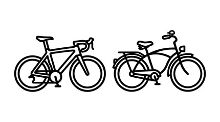 Fototapeta premium Linear Outline Illustration of Road Bike and City Cruiser Bicycle Set