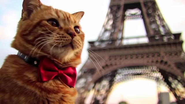 Cats Parisian Adventure - A Whimsical Journey with Eiffel Tower Backdrop.