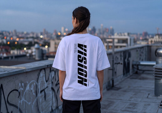 Oversized T-Shirt Back View Mockup on Rooftop
