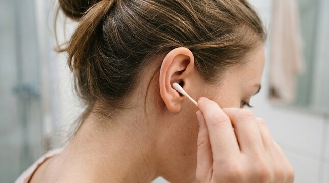Woman using cotton swab to clean inside of ear in bathroom at home with cleaning bathroom personal grooming auditory